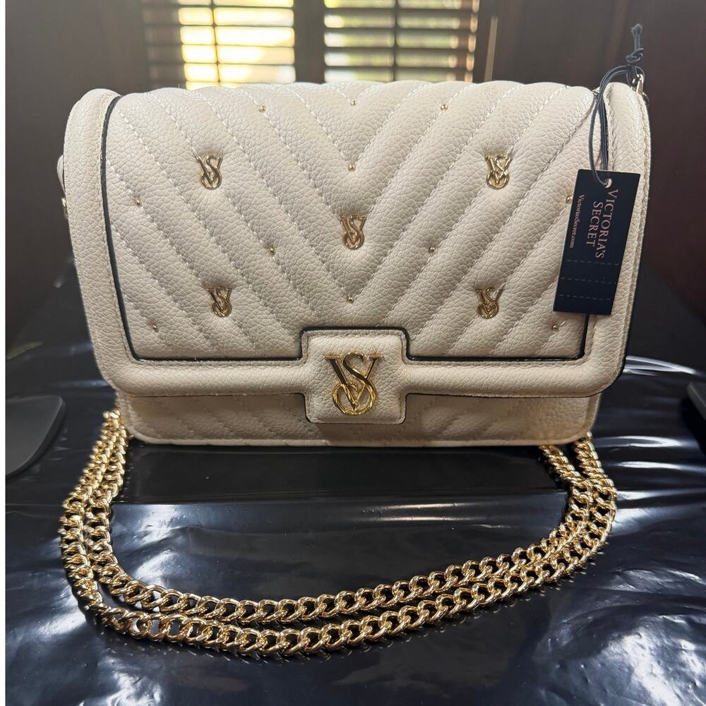 Victoria's Secret Cream Quilted Gold Monogram Crossbody Bag NWT